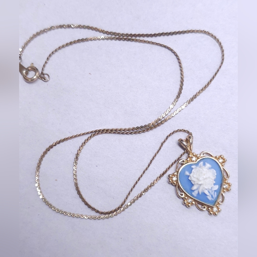Vtg 1950s Joseph Cleary Cameo Pendant Necklace Wedgewood Blue Goldtone CZ RARE
